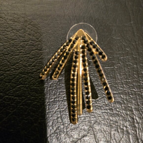 Gold and Black Rhinestone Fan Earrings - Picture 2 of 3